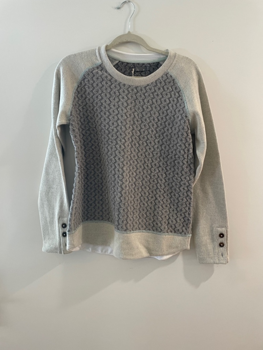 Prana Two-Tone Crewneck Sweater in Light Gray and Heather Gray